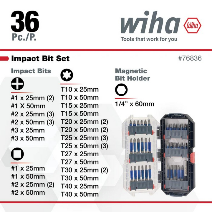Wiha Tools 76836 TerminatorBlue Impact Bit Set, 36 Pc.
