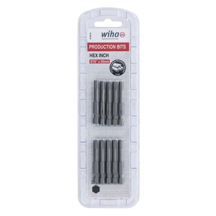 Wiha Tools 74316 Hex Inch Power Bit, 3/16" x 50 mm, 10 Pk.