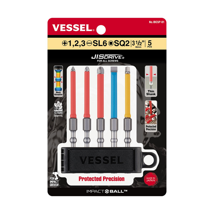 Vessel Tools IBC5P01 IMPACT BALL Torsion Bit with Coated Tube 5PC. Set (+) 1,2,3 / (-) SL6 / SQ2 x 4″ (100 mm)