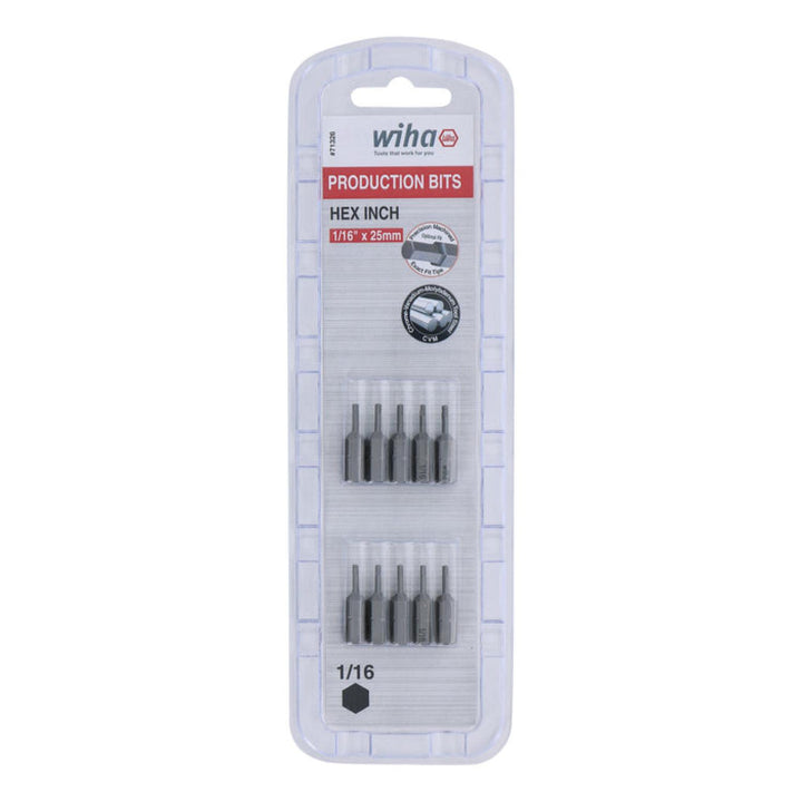 Wiha Tools 71326 Hex Inch Insert Bits, 1/16" x 25 mm, 10 Pk.