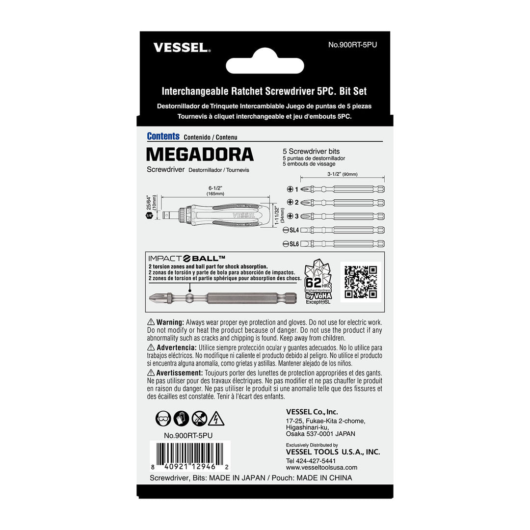 Vessel Tools 900RT5PU MEGADORA Interchangeable Ratchet Screwdriver, 5 Pc.