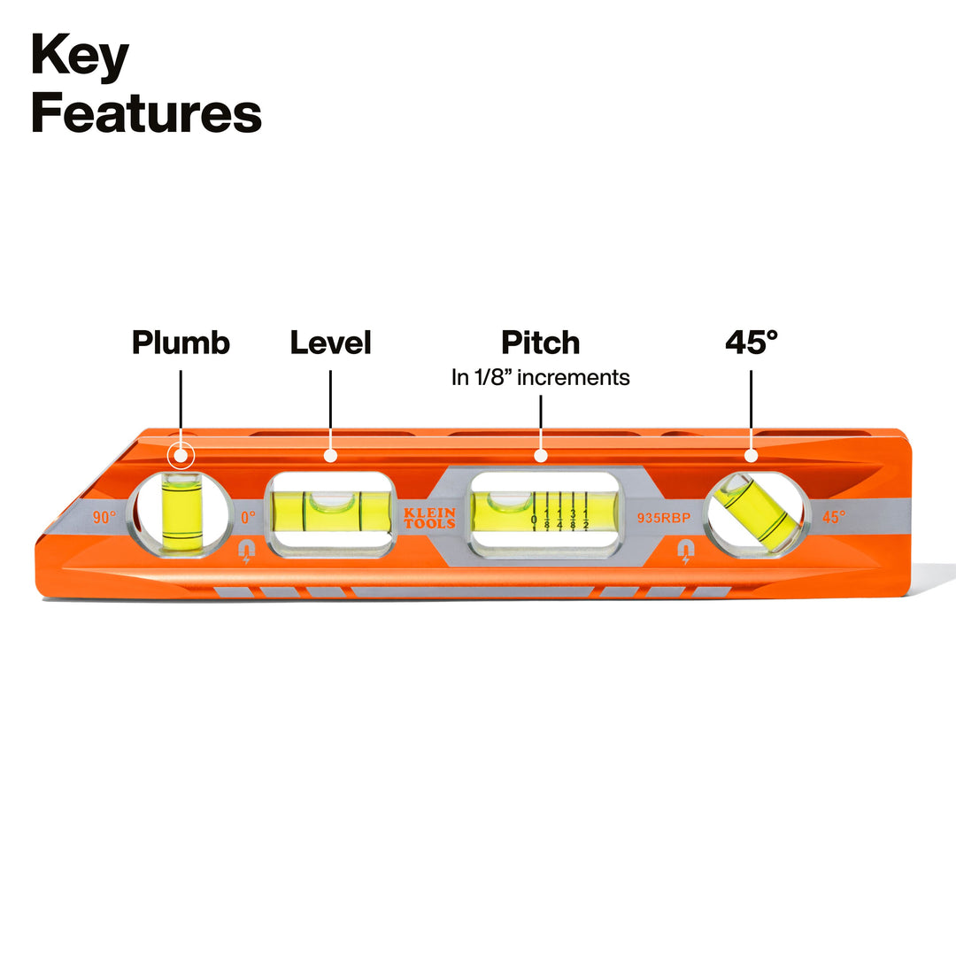 Klein Tools 935RBP Magnetic Pitch Vial Torpedo Level, 4 Vial, 8-Inch