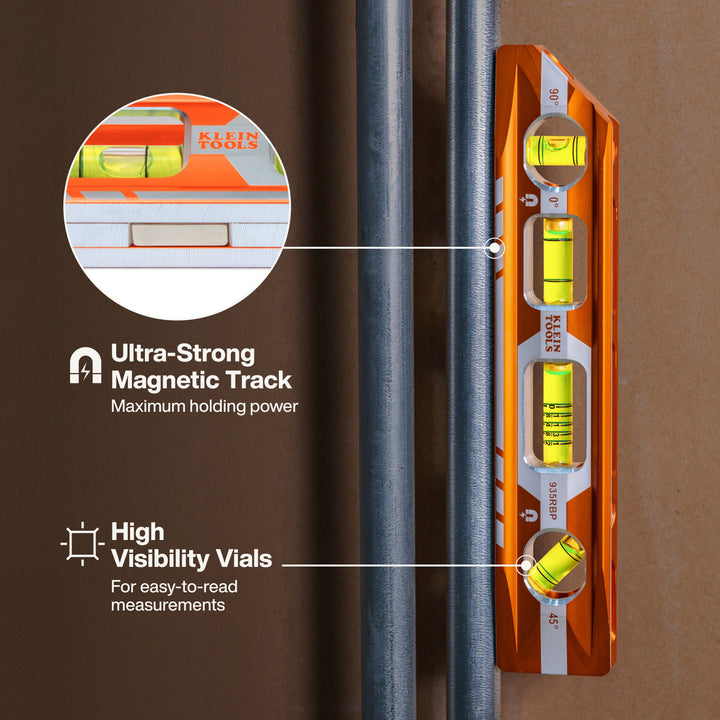 Klein Tools 935RBP Magnetic Pitch Vial Torpedo Level, 4 Vial, 8-Inch