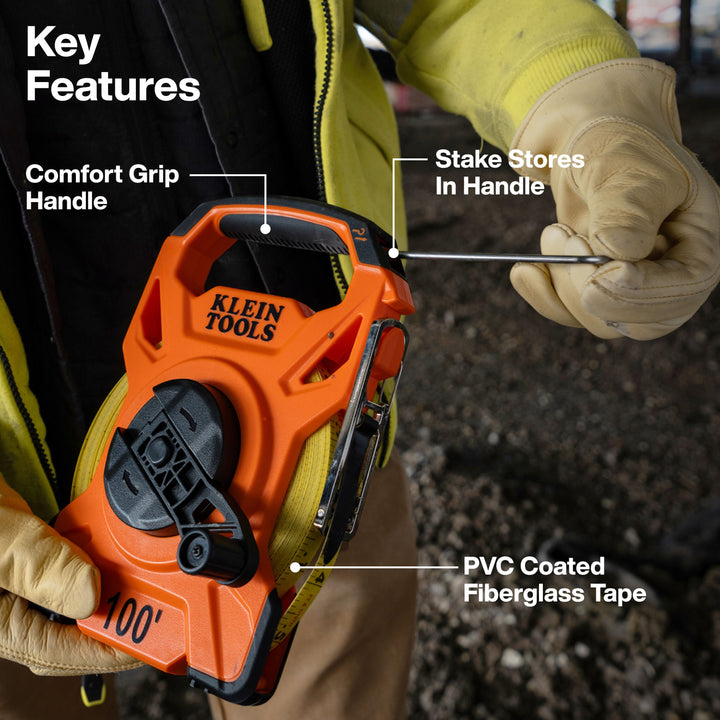 Klein Tools 94100RT 100-Foot Open Reel Tape Measure with Single Hook and Carabiner