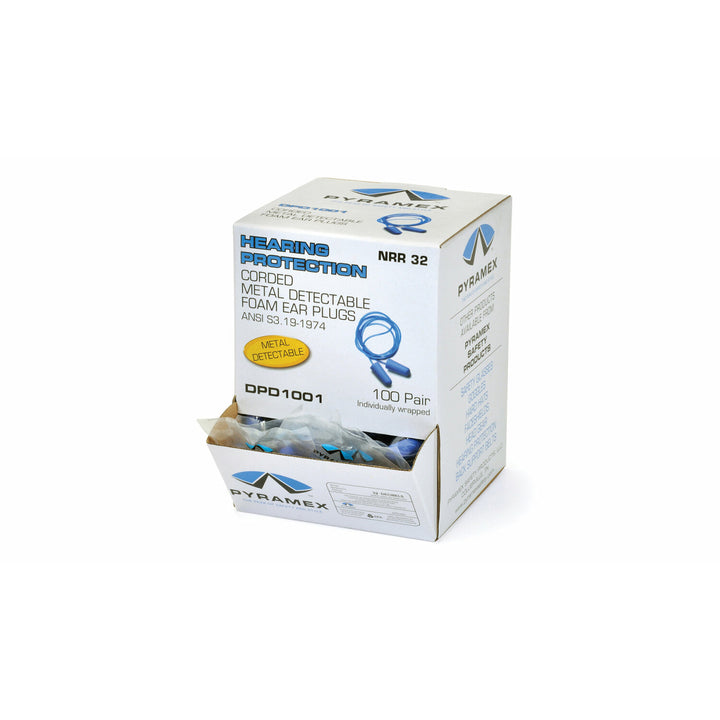Pyramex DPD1001 Blue Corded Metal Detectable Disposable Earplugs - 100 Pair/Box