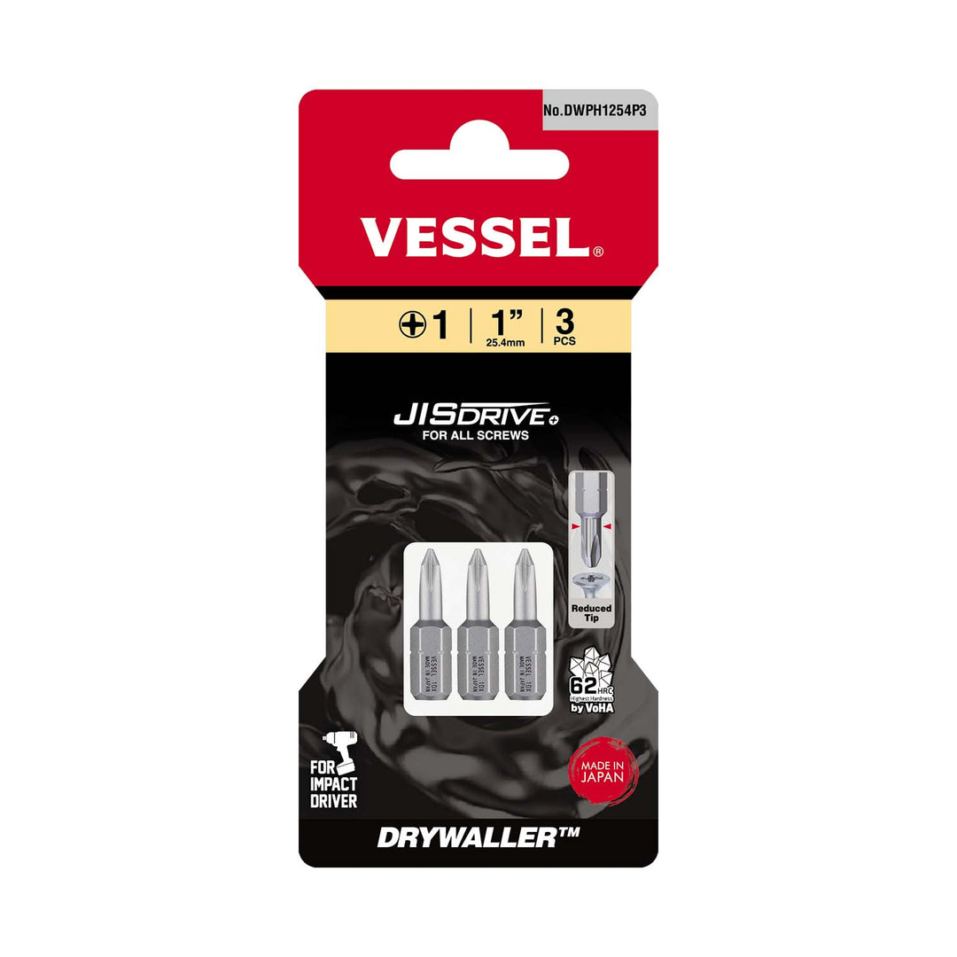 Vessel Tools DWPH1254P3 DRYWALLER Insert Bit (PH1 x 25.4 mm, 3 pcs.)