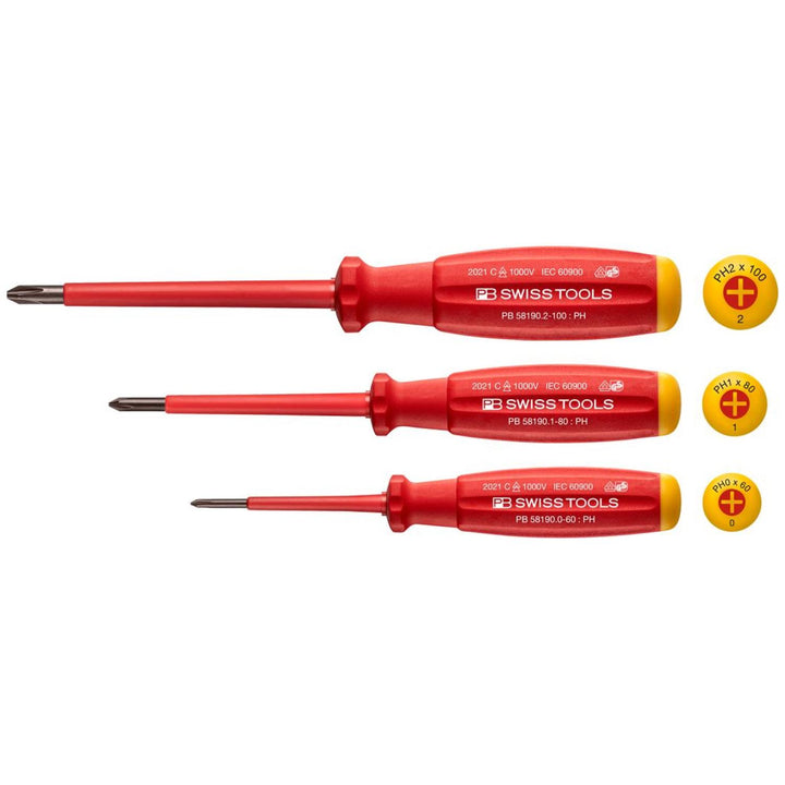PB Swiss Tools PB 58548.CBB Screwdriver Set Phillips with SwissGrip VDE Handle 1000V Insulated PH0-PH2 3-Piece
