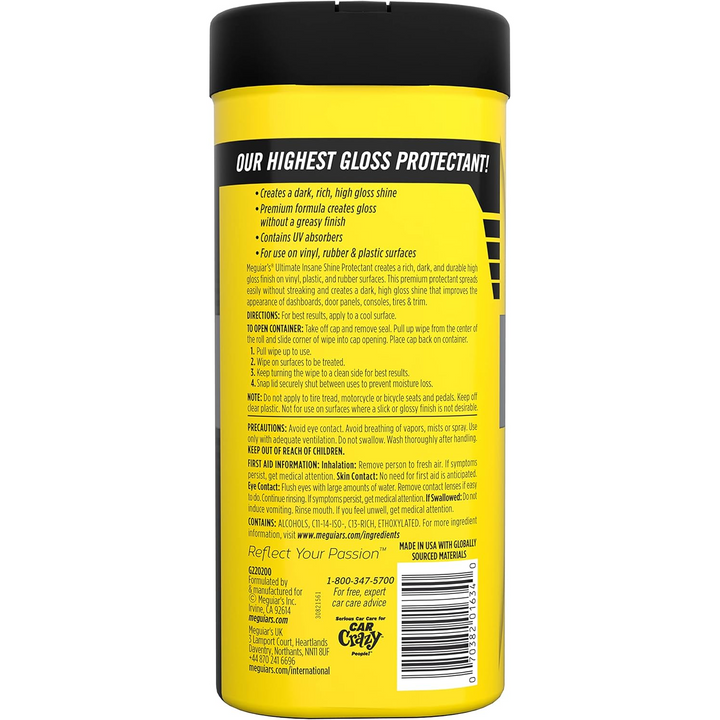 Meguiar's G220200 Ultimate Insane Shine Protectant Wipes, 30 Wipes