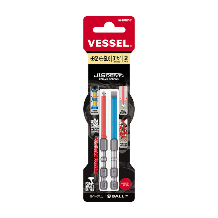 Vessel Tools IBC2P01 IMPACT BALL Torsion Bit with Coated Tube 2PC. Set (+) 2 / (-) SL6 x 4″ (100 mm)