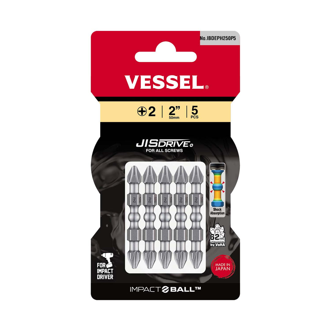 Vessel Tools IBDEPH250P5 IMPACT BALL Double-Ended Torsion Bit (PH2 x 50 mm, 5 pcs.)