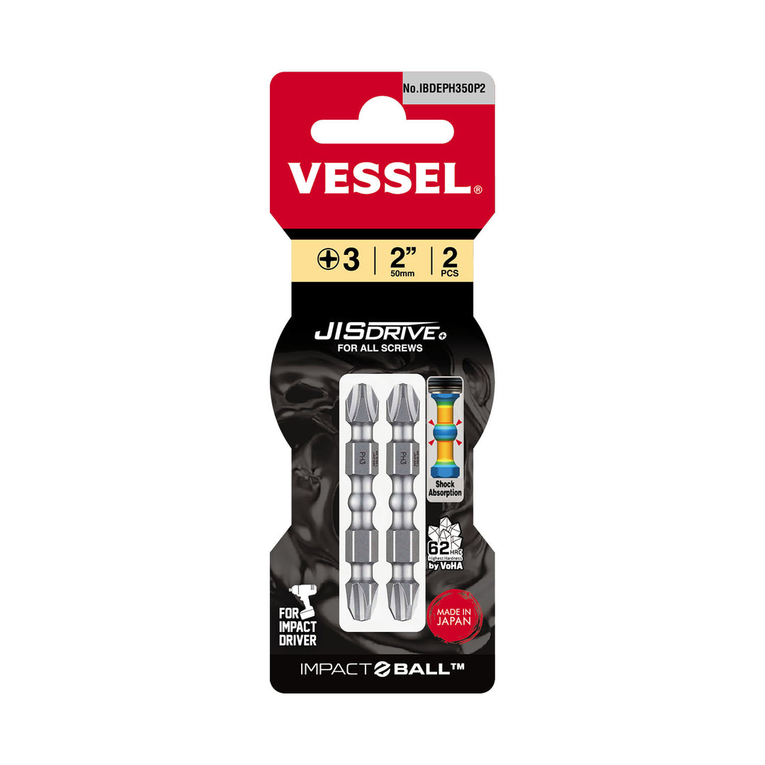 Vessel Tools IBDEPH350P2 IMPACT BALL Double-Ended Torsion Bit (PH3 x 50 mm, 2 pcs.)