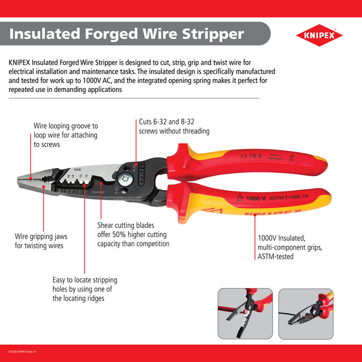 Knipex 13 78 8 SBA 8" Forged Wire Stripper 20-10 AWG, 1000V Insulated