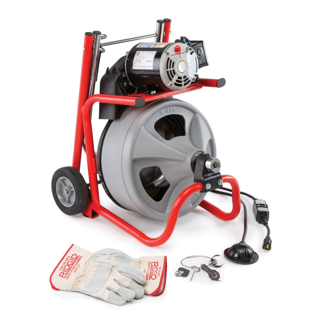 Ridgid 27013 K-400 Machine with Gloves & Std. Equipment: AUTOFEED, C-45 IW 1/2" x 75' (12 mm x 23 m) Solid Core (Integral Wound) Cable, T-260 Tool Set