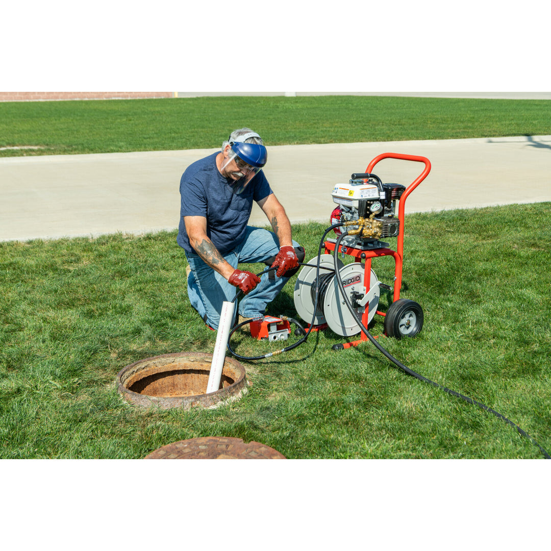 Ridgid 63882 Above With: – H-30 Cart – 110'  x 1⁄4" (33 m x 4.8 mm ) Jet Hose