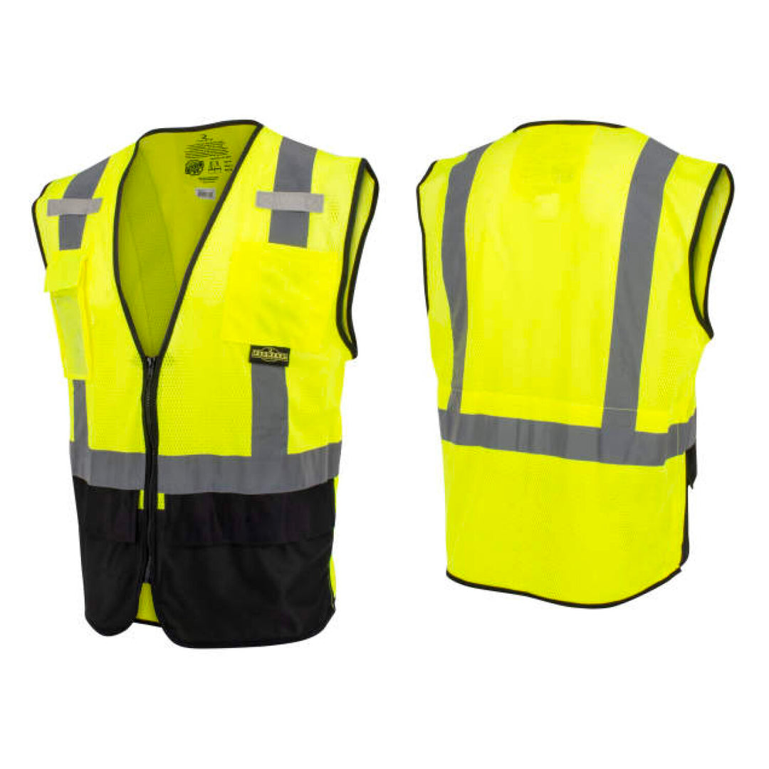 Radians SV75B-2 Black Bottom Self-Extinguishing Surveyor Vest - Hi-Vis Green