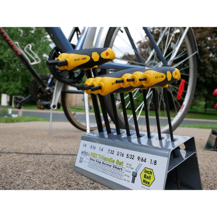 Wiha Tools 33499 Soft Grip Dual Drive Ball End Hex T-Handle Inch Black Finish 8 Piece Set in Metal Stand