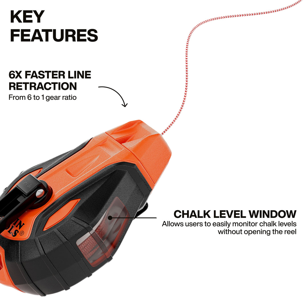 Klein Tools CHLK100S Smooth Retractable Chalk Reel, 100-Foot, with Blue Chalk Refill