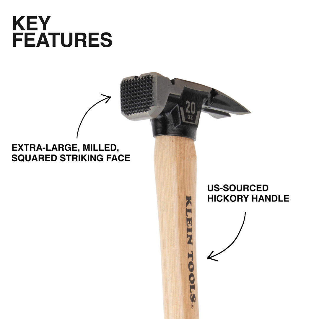 Klein Tools H80920H Milled Face Hickory Handle Hammer, 20-Ounce