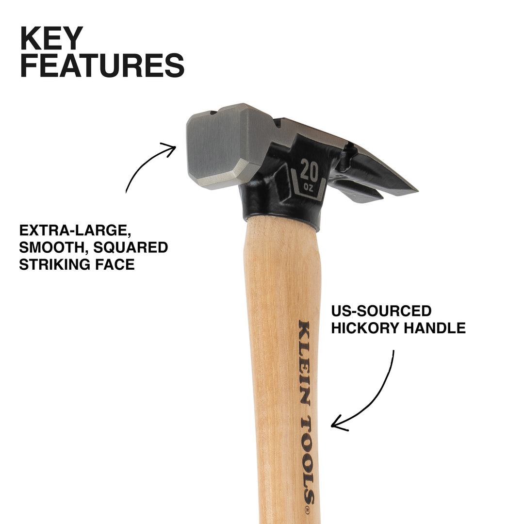 Klein Tools H80920HS Smooth Face Hickory Handle Hammer, 20-Ounce