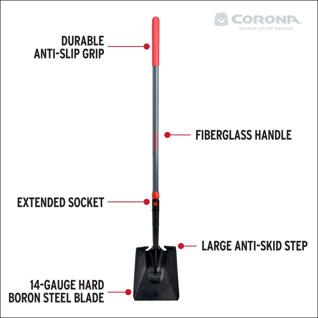 Corona SS16020 Boron Steel 14-Gauge Square Point Shovel, Fiberglass Handle