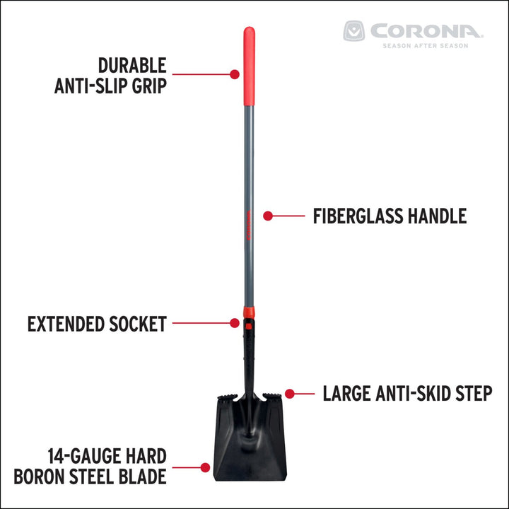 Corona SS16020 Boron Steel 14-Gauge Square Point Shovel, Fiberglass Handle