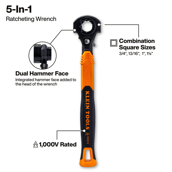 Klein Tools KT171HFINS 5-in-1 Hammer Facing Insulated Lineman Wrench