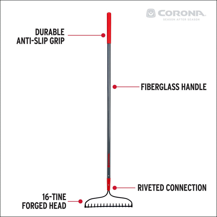 Corona RK16020 Forged Bow Rake, 16 Head, 16 Tines, Fiberglass Handle