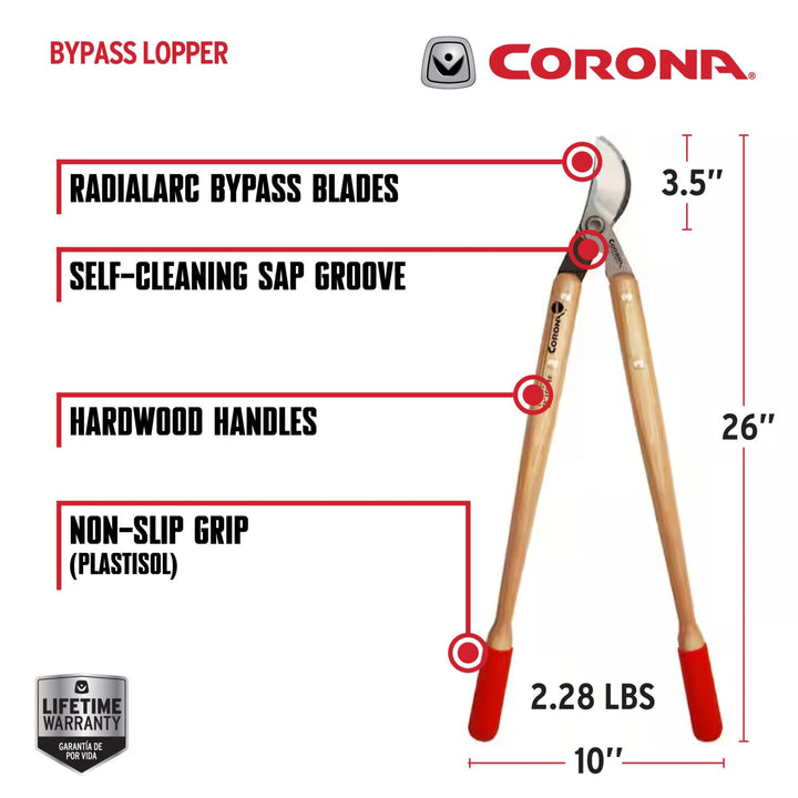 Corona WL 3351 Wooden Handle Bypass Lopper, 26 in. 1-1/2 in. Cut Capacity