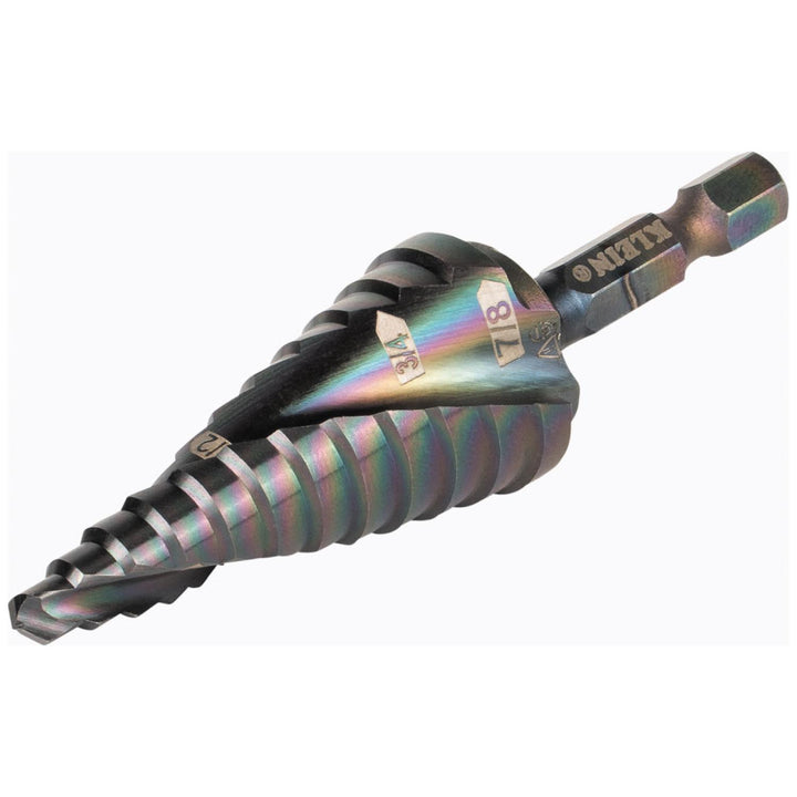 Klein Tools QRST14 Step Drill Bit, Quick Release, Spiral Flute, 3/16 to 7/8"