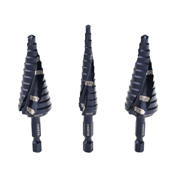 Klein Tools QRST2S Step Drill Bit Set, Quick-Release, Straight, Double Fluted, 3 Pc.