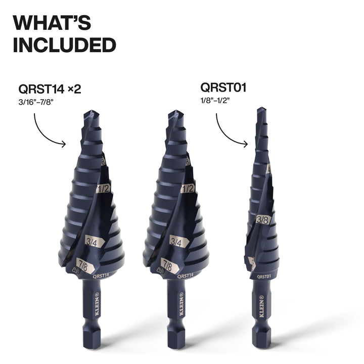 Klein Tools QRST2S Step Drill Bit Set, Quick-Release, Straight, Double Fluted, 3 Pc.