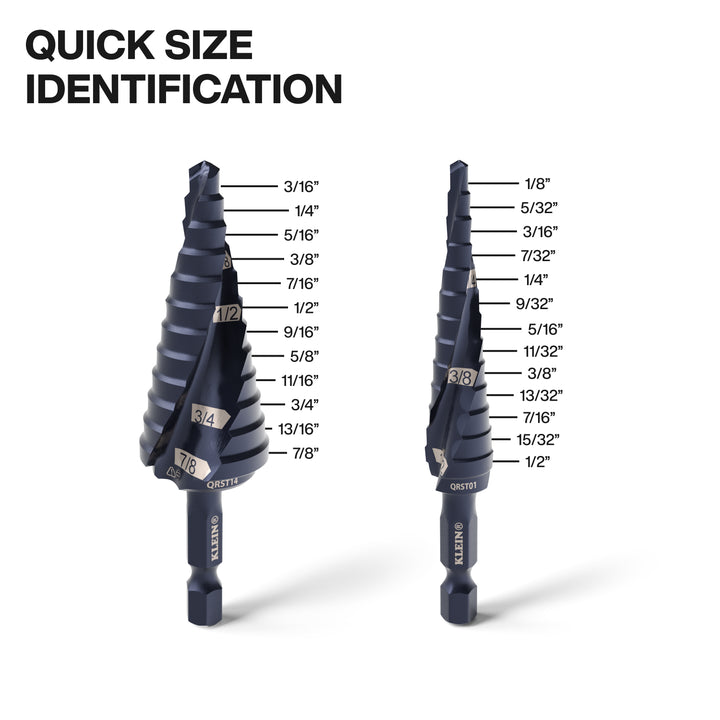 Klein Tools QRST2S Step Drill Bit Set, Quick-Release, Straight, Double Fluted, 3 Pc.