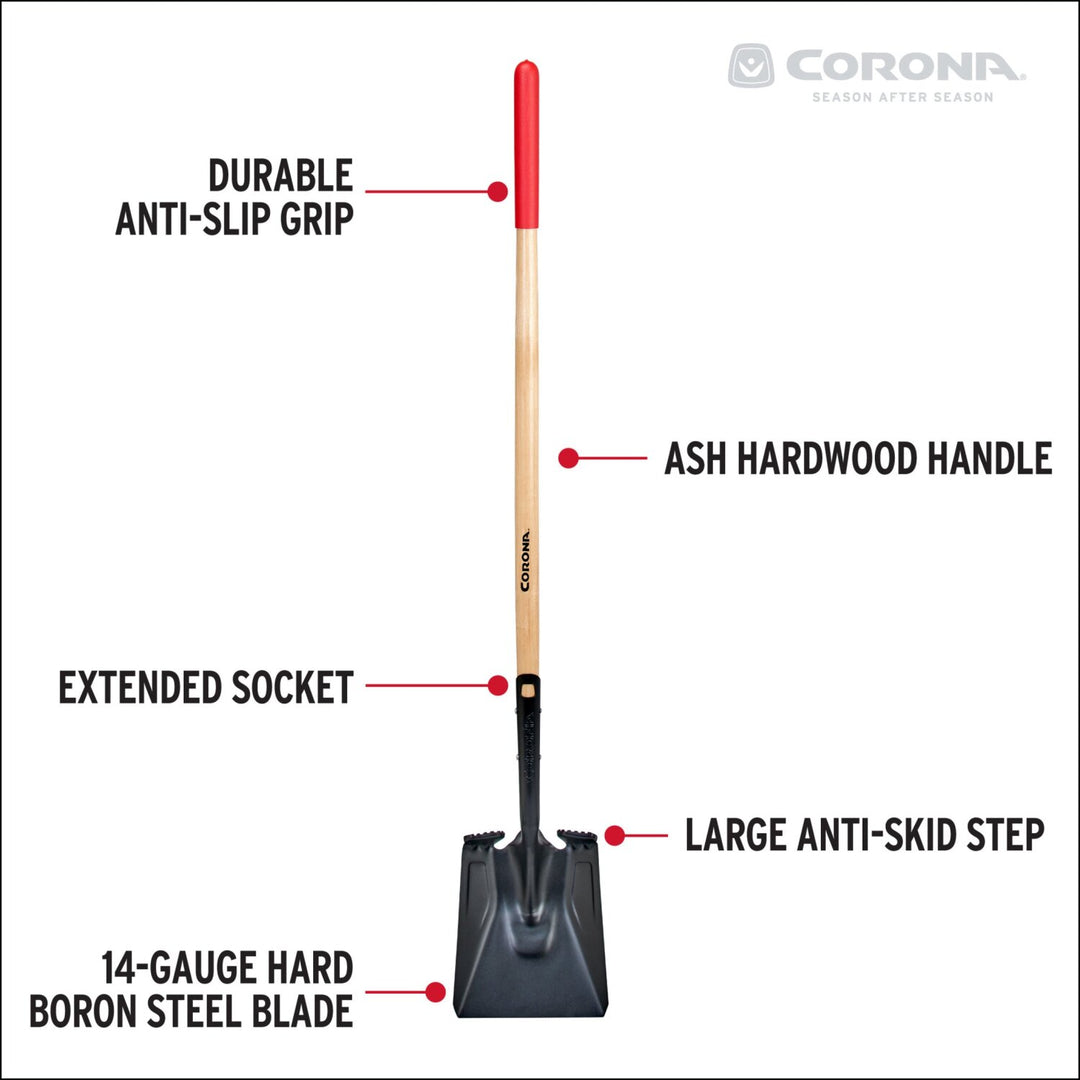 Corona SS16000 Boron Steel 14-Gauge Square Point Shovel, Hardwood Handle