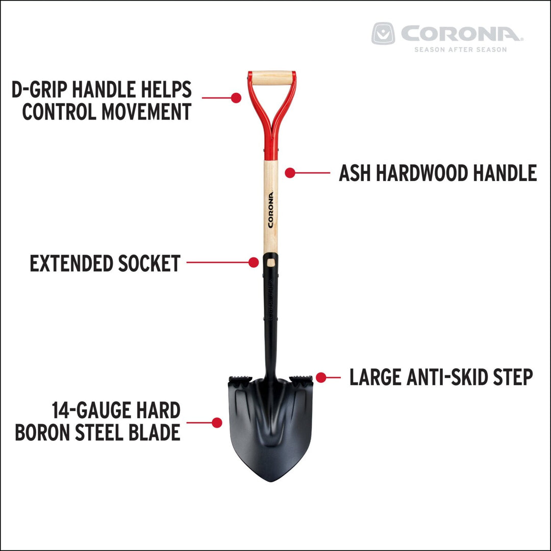 Corona SS16101 Boron Steel 14-Gauge Round Point Shovel, D Grip Hardwood Handle