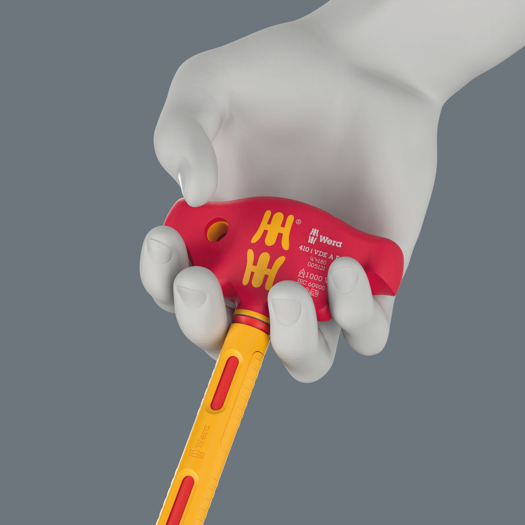 Wera 410 i VDE A RA VDE-insulated T-handle adapter screwdriver with ratchet functionality for 1/4" sockets