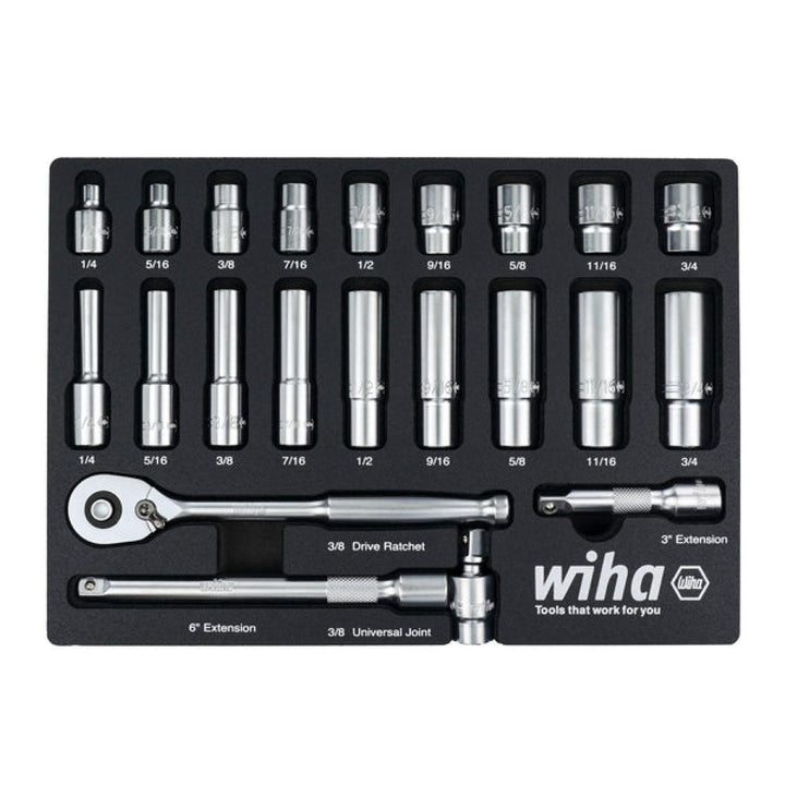 Wiha 33796 22 Piece 3/8” Drive Professional Standard and Deep Socket Tray Set - SAE