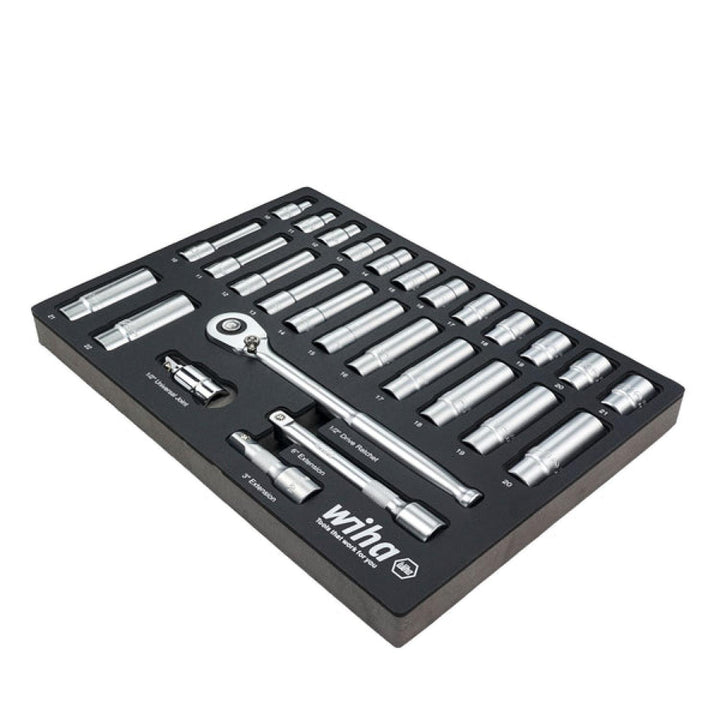 Wiha 33895 29 Piece 1/2" Drive Professional Standard and Deep Socket Tray Set - Metric