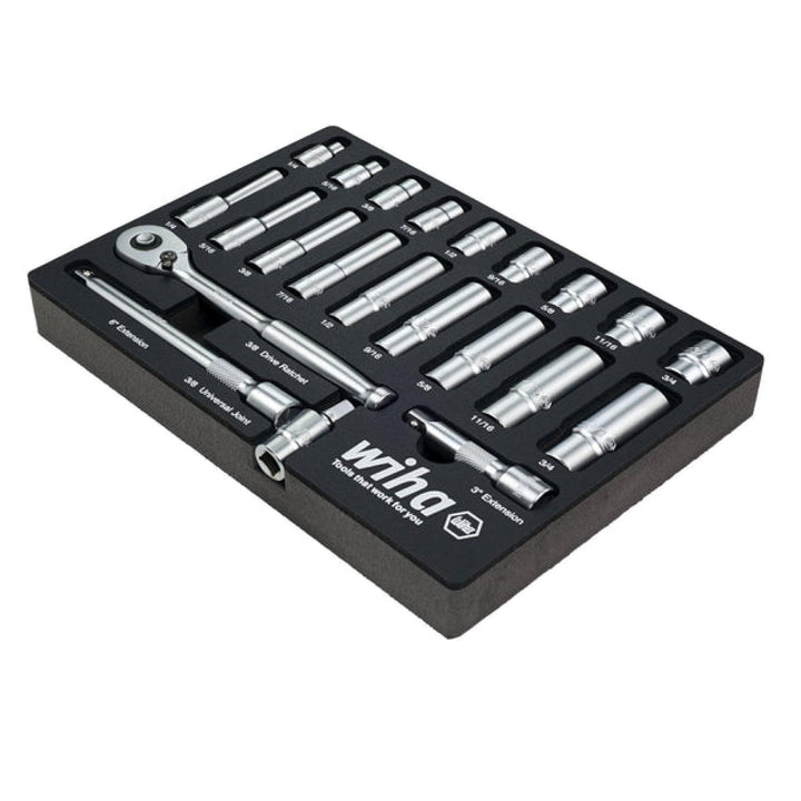 Wiha 33796 22 Piece 3/8” Drive Professional Standard and Deep Socket Tray Set - SAE