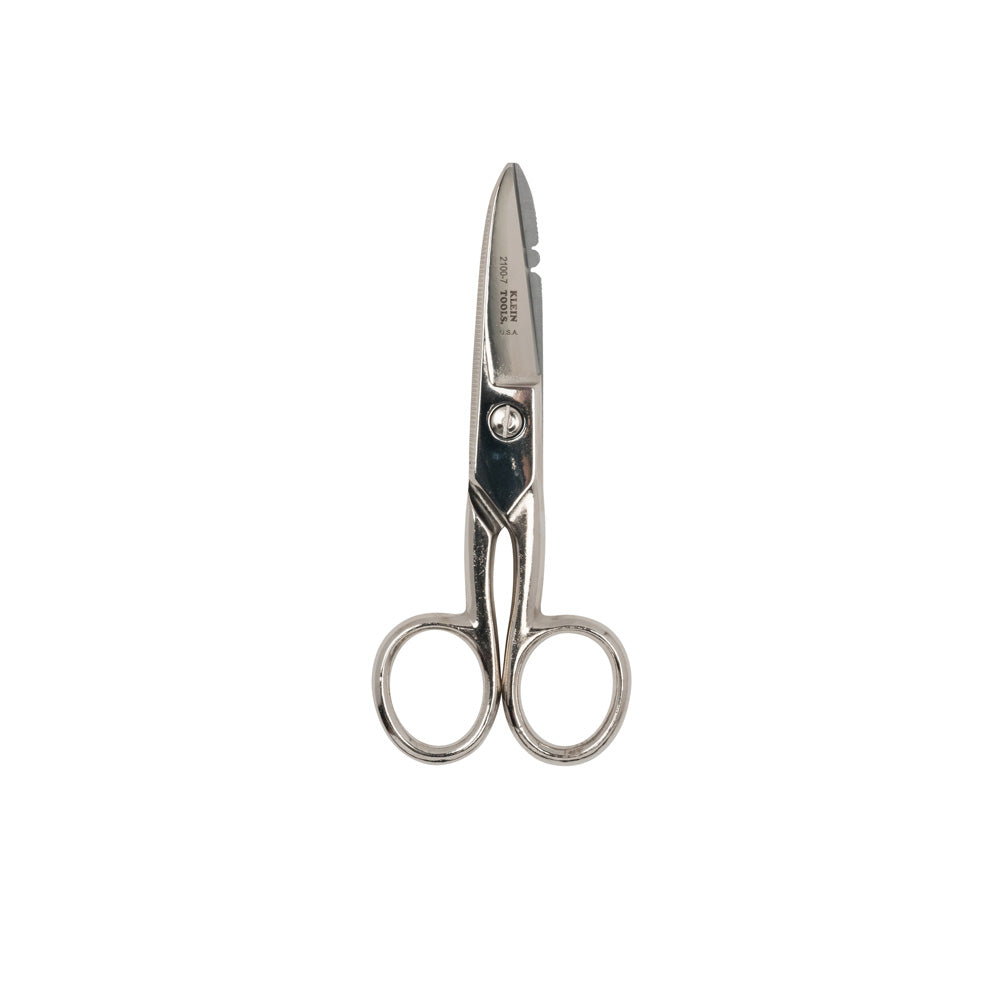 Klein Tools 2100-7 Electrician Scissors for Home Theater, Datacom, Telecom, Cuts, Crimps, Strips, Nickel Plated