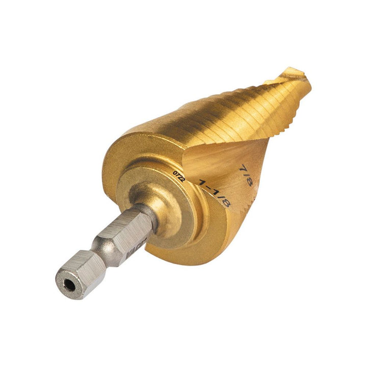 Klein Tools 25961 Step Drill Bit, Spiral Double-Fluted, 7/8-Inch to 1-1/8-Inch, VACO