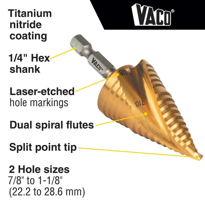 Klein Tools 25961 Step Drill Bit, Spiral Double-Fluted, 7/8