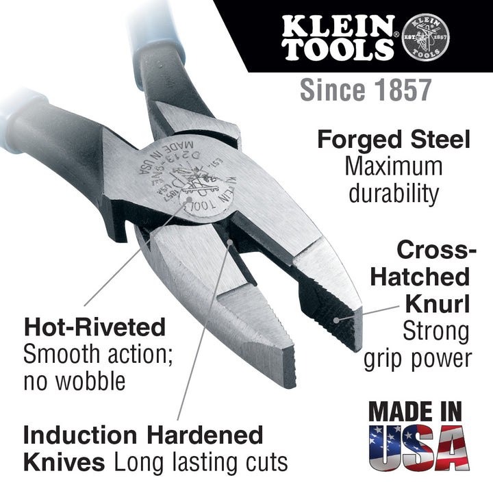 Klein Tools D213-8NE Lineman's Pliers, High Leverage, 8"