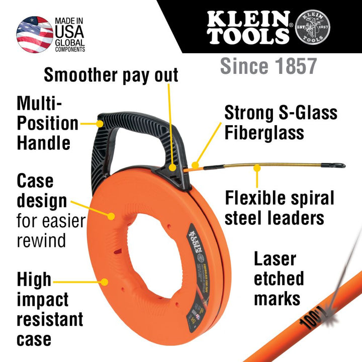 Klein Tools 56350 Fiberglass Fish Tape with Spiral Steel Leader, 50-Foot