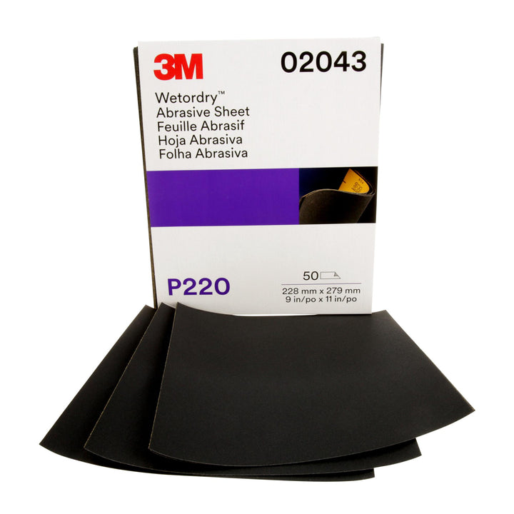 3M Wetordry Abrasive Sheet, 02043, P220, 9 in x 11 in, 50 sheets per
carton