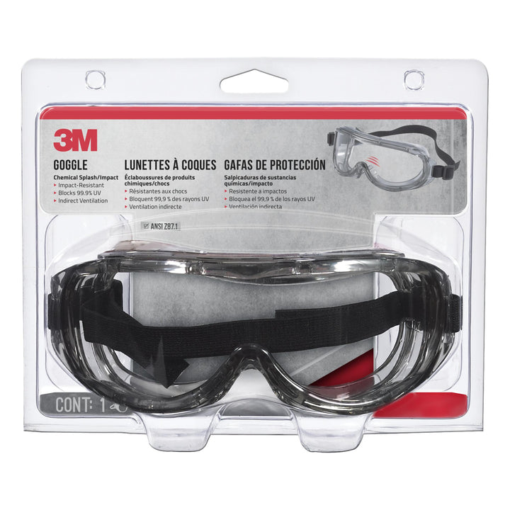 3M Professional Goggle, Chemical Splash, 91264H1-DC, Black Strap, Gray
Lens