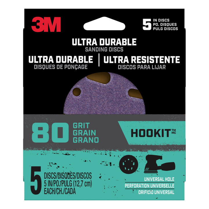3M Ultra Durable 5 inch Power Sanding Discs, Universal Hole, 80 grit