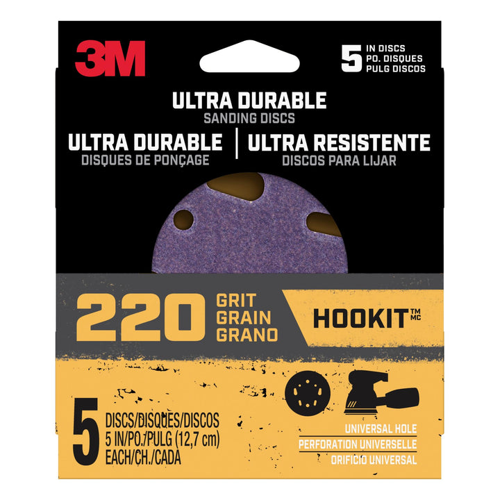 3M Ultra Durable 5 inch Power Sanding Discs, Universal Hole, 220 grit