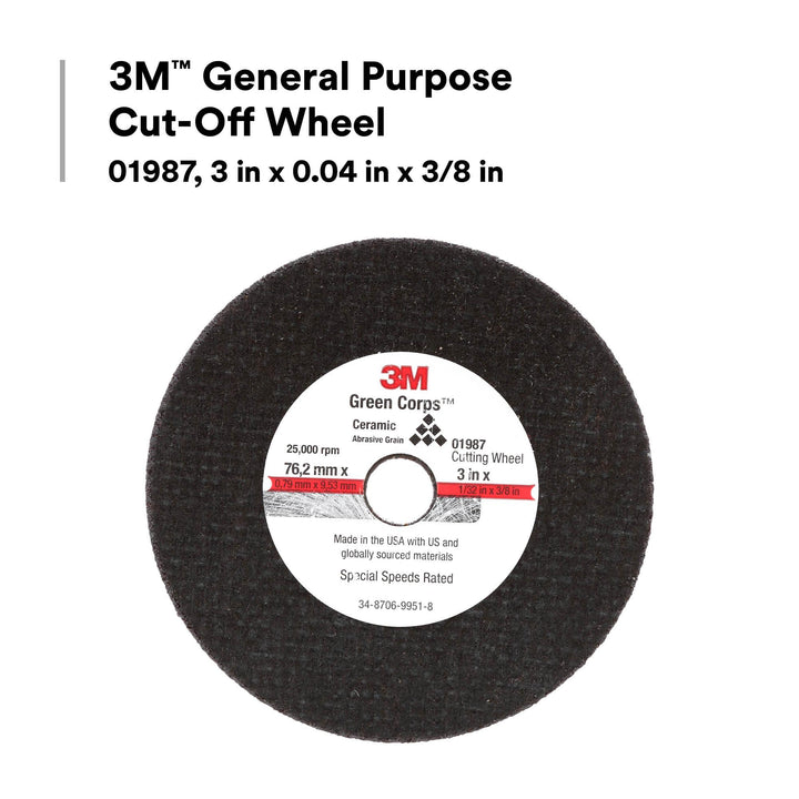 3M General Purpose Cut-Off Wheel 01987, 3 in x 0.04 in x 3/8 in