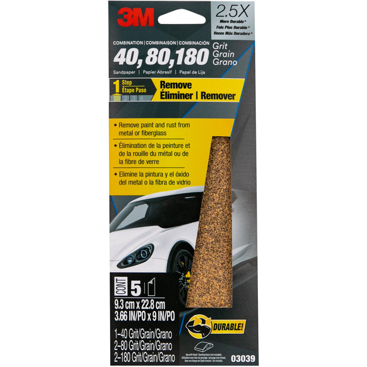 3M Sandpaper 03039, Asst Grit, 3-2/3 in x 9 in, 5/Pack