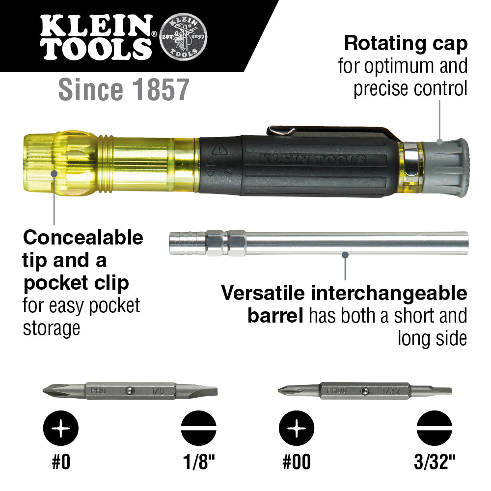 Klein Tools 32614 Screwdriver, Precision Electronics 4-in-1 Pocket Screwdriver